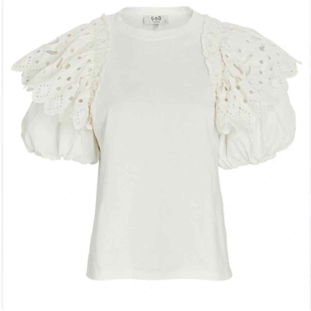 SEA NEW YORK Hazel Eyelet puff sleeve t shirt - Picture 3 of 5